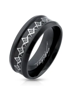 Bague homme acier noir symbole maçonnique