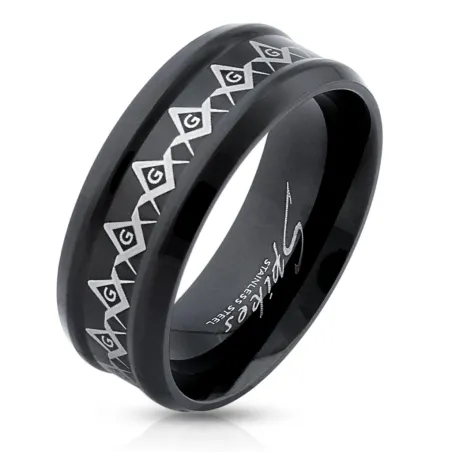 Bague homme acier noir symbole maçonnique