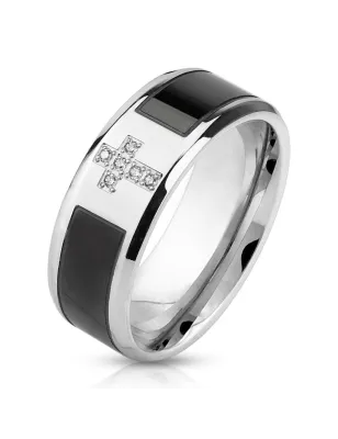 Bague homme acier noir croix strass