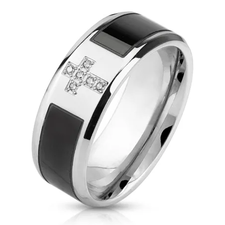 Bague homme acier noir croix strass