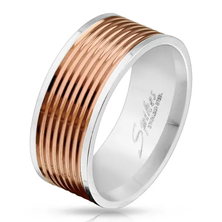 Bague homme acier centre rainuré or rosé