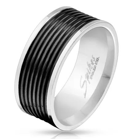 Bague homme acier centre rainuré noir