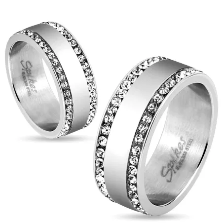 Bague couple en acier deux lignes de strass