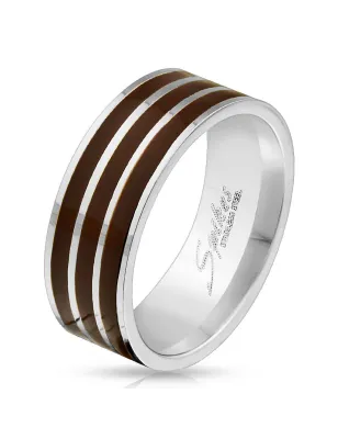 Bague homme acier triple ligne marron