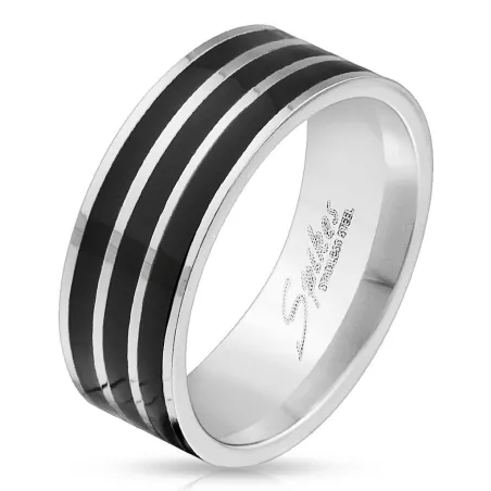 Bague homme acier triple ligne noir