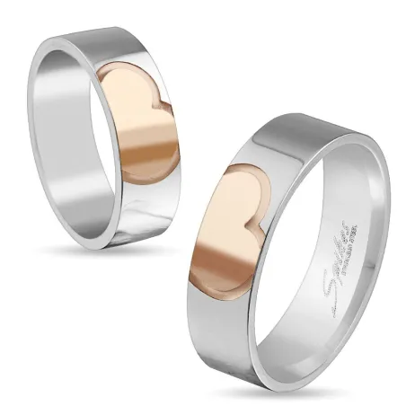 Bague couple en acier cœur rosé