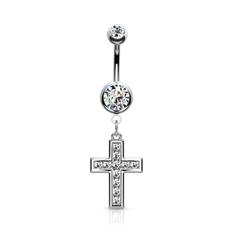 Piercing nombril acier avec pendentif croix