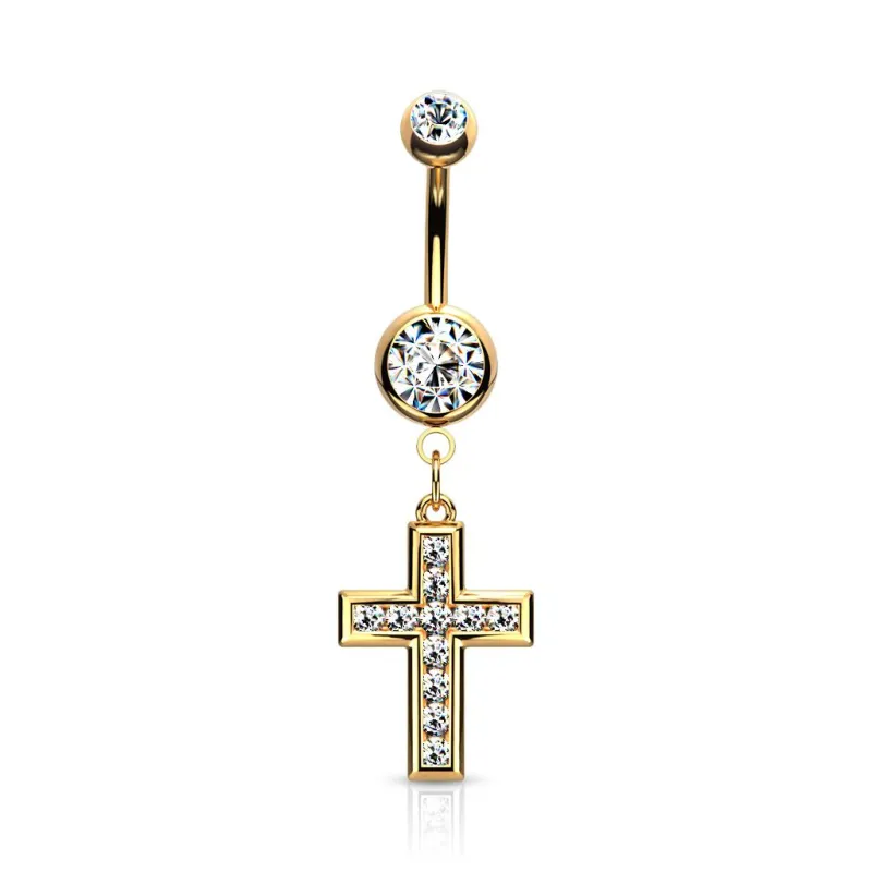 Piercing nombril plaqué or avec pendentif croix