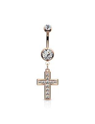 Piercing nombril plaqué or rose avec pendentif croix