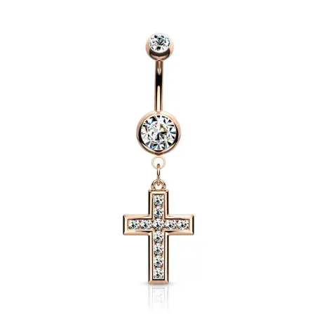 Piercing nombril plaqué or rose avec pendentif croix