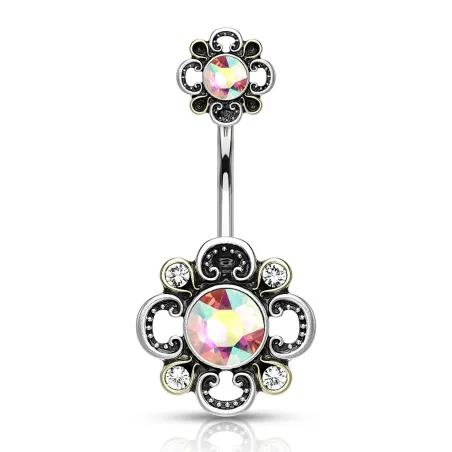 Piercing nombril double fleur filigrane aurore boréale