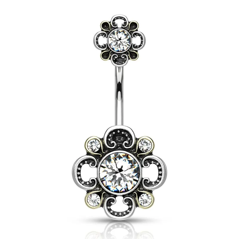 Piercing nombril double fleur filigrane blanc