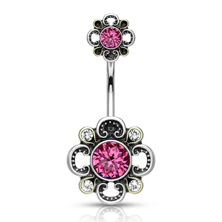 Piercing nombril double fleur filigrane rose