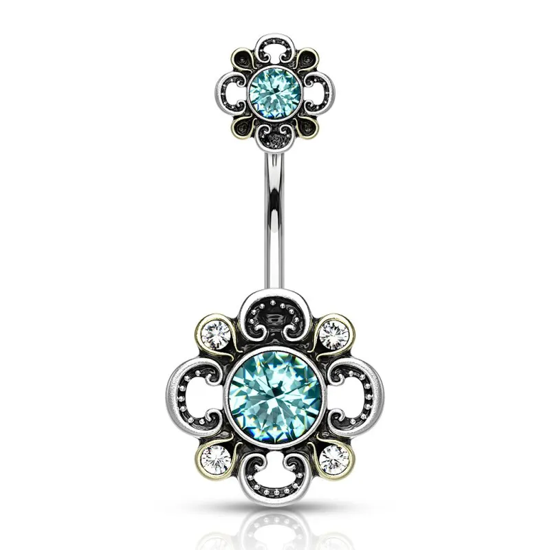 Piercing nombril double fleur filigrane turquoise