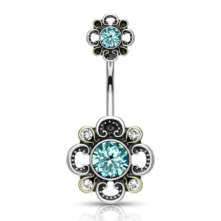 Piercing nombril double fleur filigrane turquoise