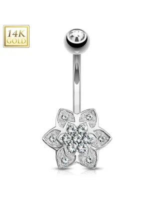 Piercing nombril Or blanc 14 carats fleur à 6 pétales