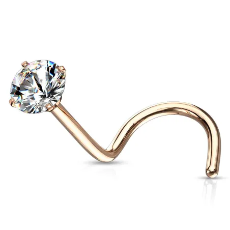 Piercing nez tige tire-bouchon or rose zircon rond blanc