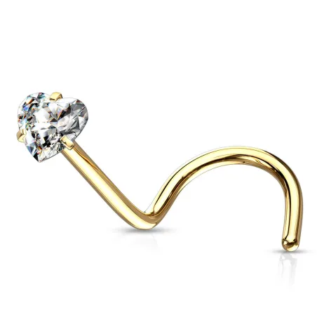 Piercing nez tige tire-bouchon doré zircon coeur blanc