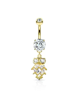 Piercing nombril plaqué or pendentif chouette coeur zircon