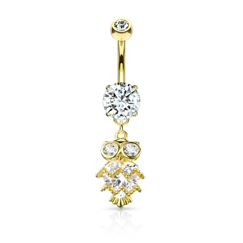 Piercing nombril plaqué or pendentif chouette coeur zircon