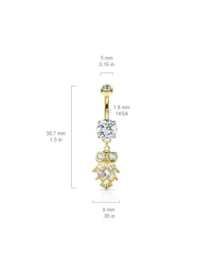 Piercing nombril plaqué or pendentif chouette coeur zircon