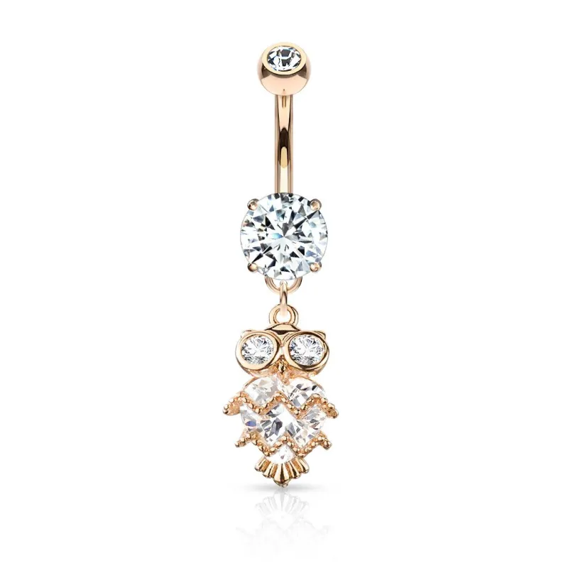 Piercing nombril plaqué or rose pendentif chouette coeur zircon