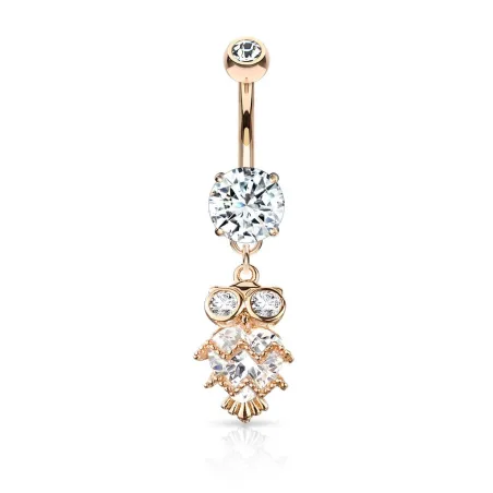 Piercing nombril plaqué or rose pendentif chouette coeur zircon