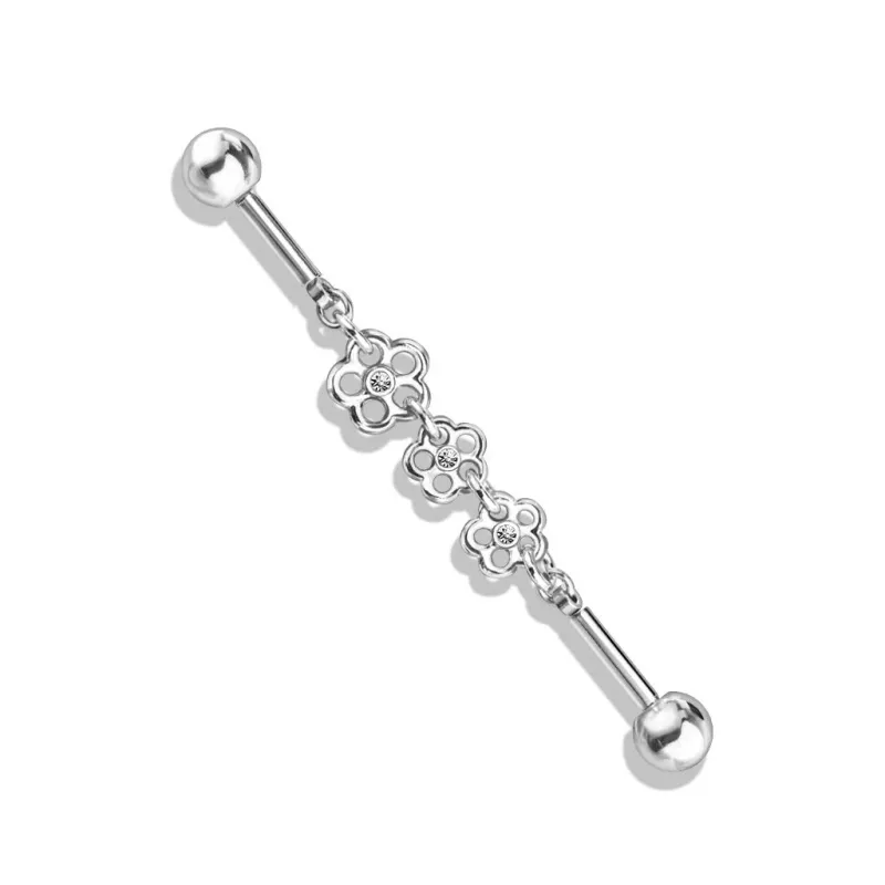 Piercing industriel oreille chaine triple fleur