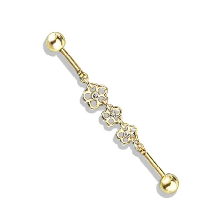 Piercing industriel doré chaine triple fleur