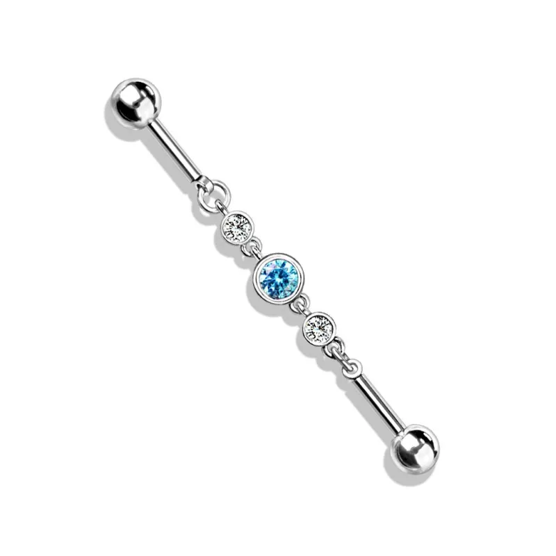 Piercing industriel oreille chaine triple strass turquoise