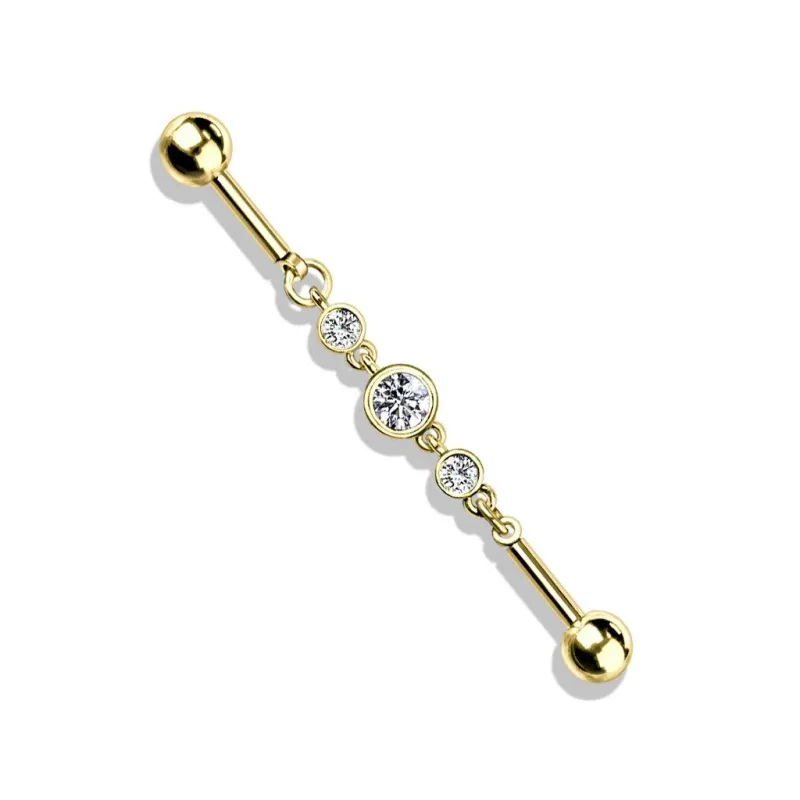 Piercing industriel oreille doré chaine triple strass