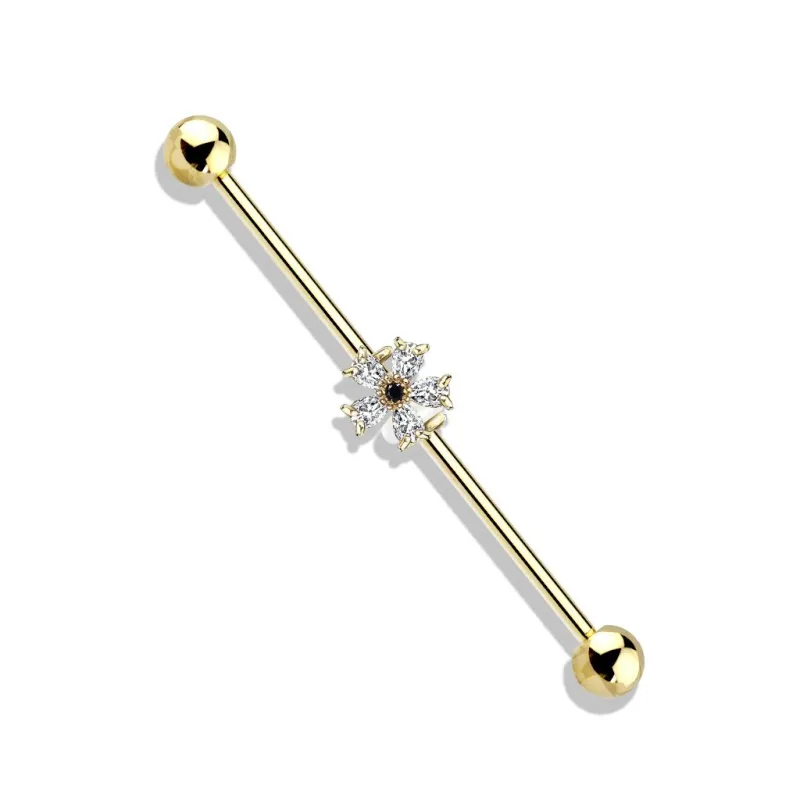 Piercing industriel oreille fleur zircon noir plaqué or