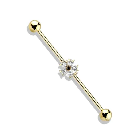 Piercing industriel oreille fleur zircon noir plaqué or