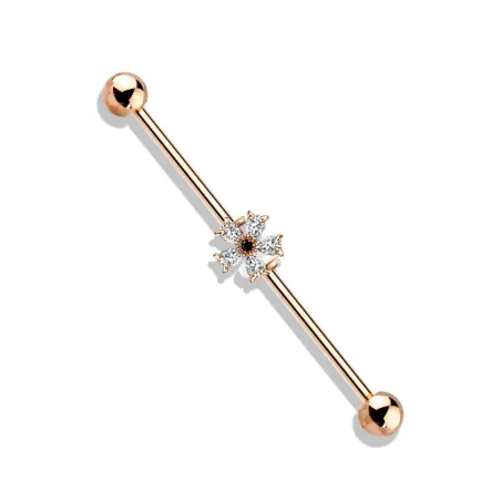 Piercing industriel oreille fleur zircon noir plaqué or rose