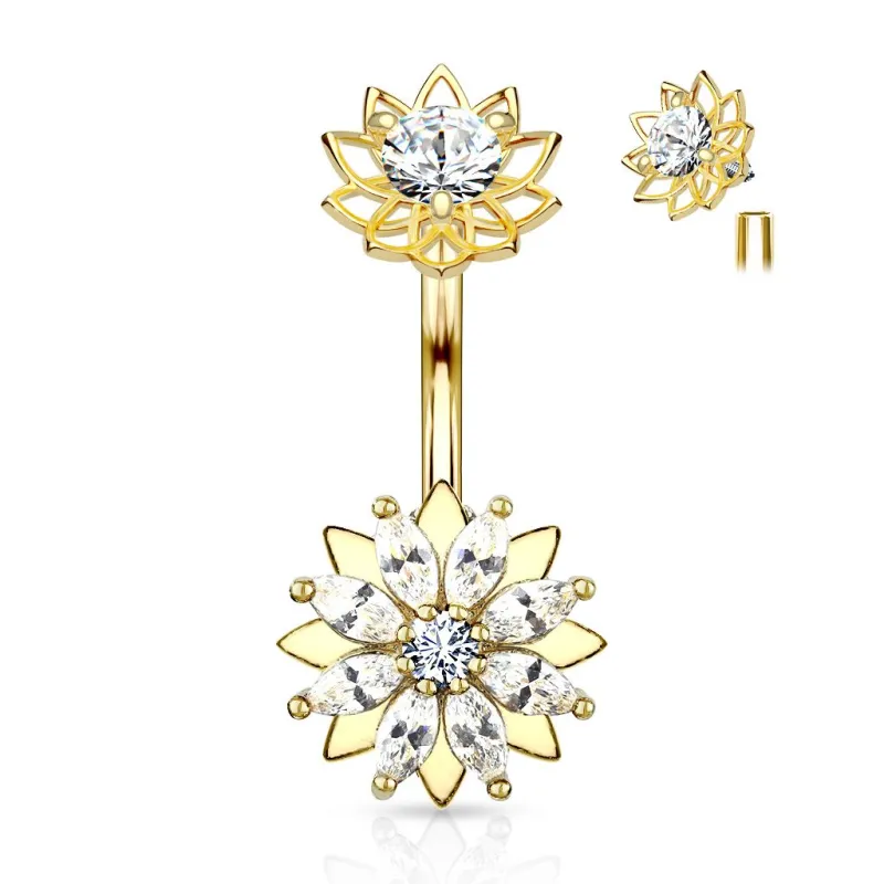 Piercing nombril fleur zirconium marquise plaqué or