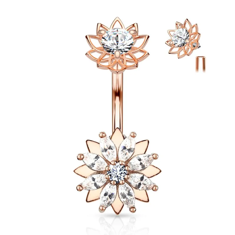 Piercing nombril fleur zirconium marquise plaqué or rose