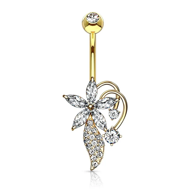 Piercing nombril bouquet fleurs zirconium plaqué or