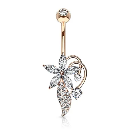 Piercing nombril bouquet fleurs zirconium plaqué or rose