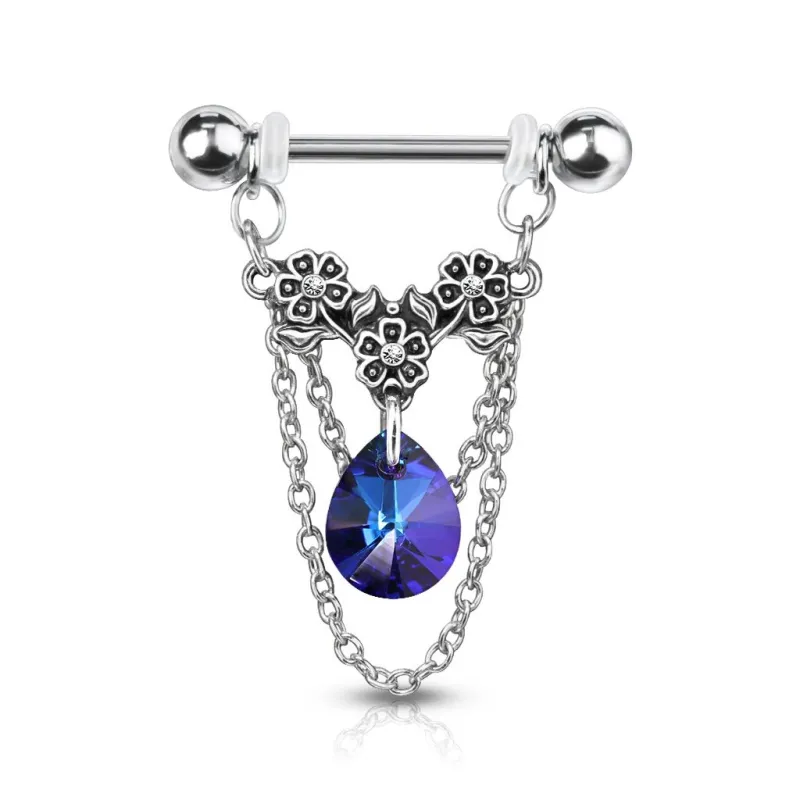 Piercing téton pendentif chaines fleurs cristal turquoise