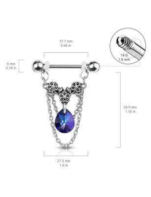 Piercing téton pendentif chaines fleurs cristal turquoise