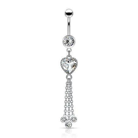 Piercing nombril pendentif chaines et coeur blanc