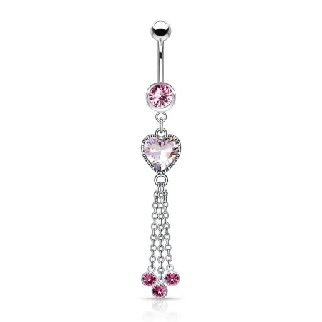 Piercing nombril pendentif chaines et coeur rose