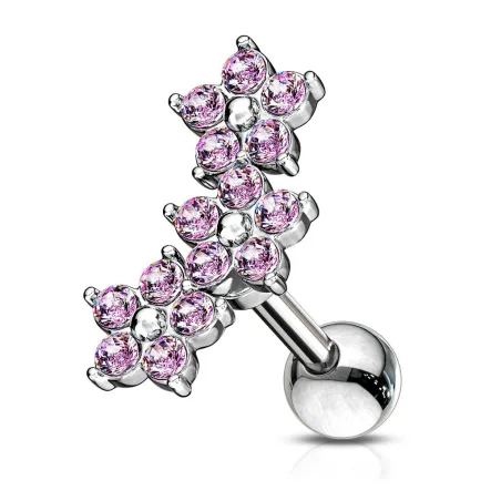 Piercing cartilage hélix triple fleur cristaux rose