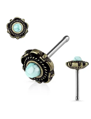 Piercing nez tige droite floral doré turquoise