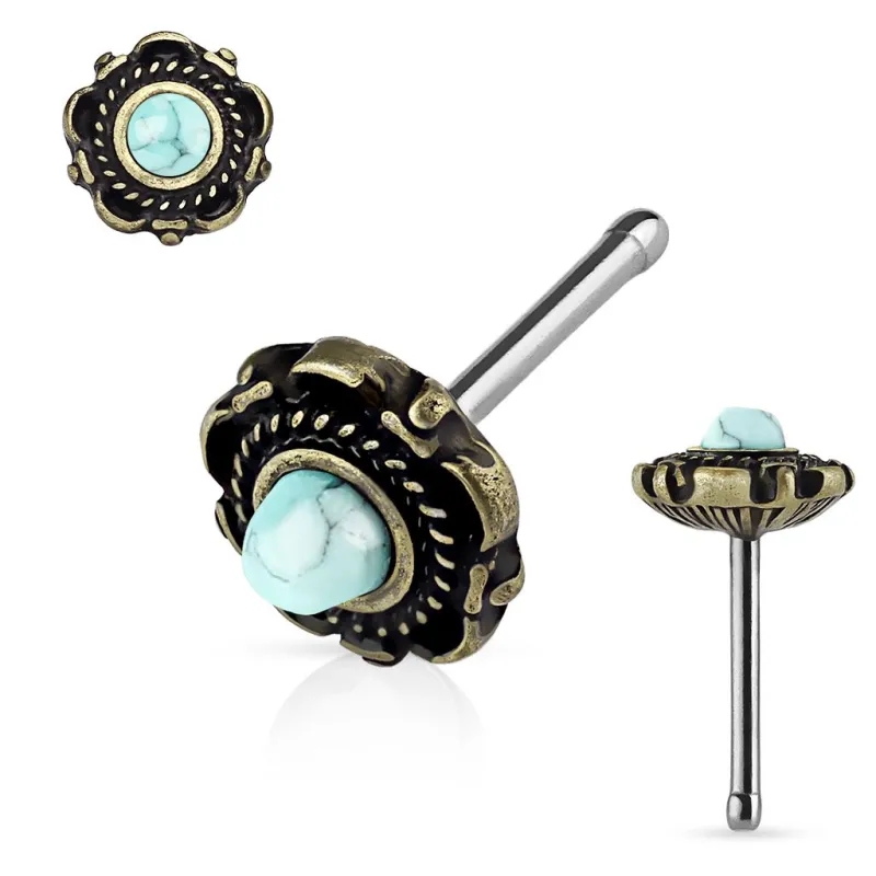 Piercing nez tige droite floral doré turquoise