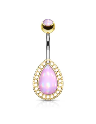 Piercing nombril larme dorée pierre lumineuse rose