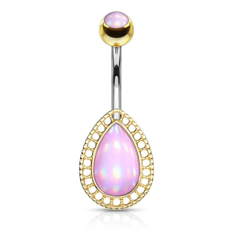 Piercing nombril larme dorée pierre lumineuse rose