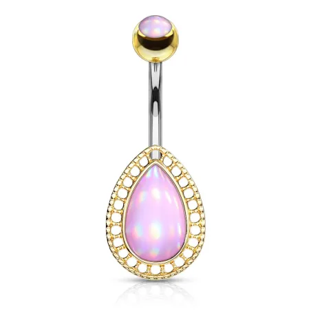 Piercing nombril larme dorée pierre lumineuse rose