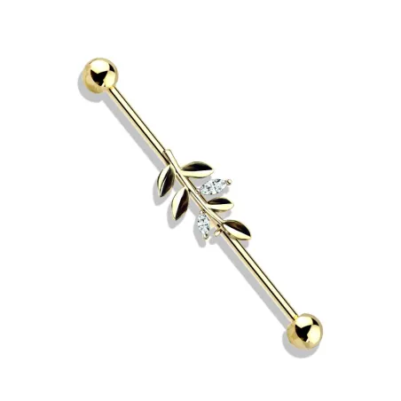 Piercing industriel oreille feuille strass plaqué or