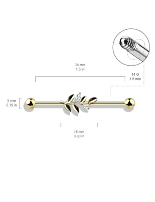 Piercing industriel oreille feuille strass plaqué or